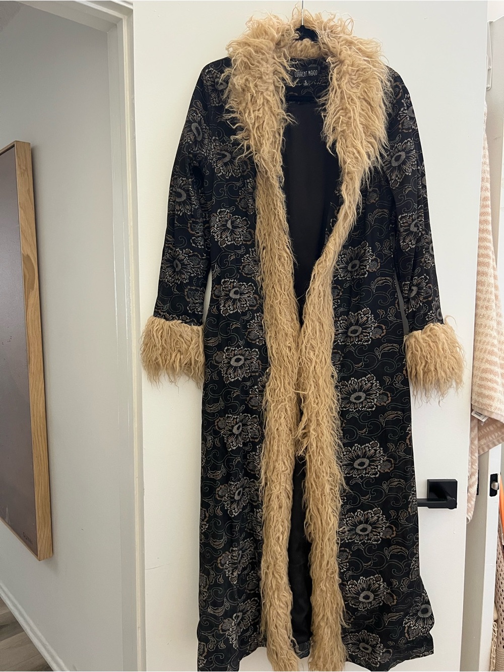 Current Mood Floral Faux Fur Trim Long Coat Size S